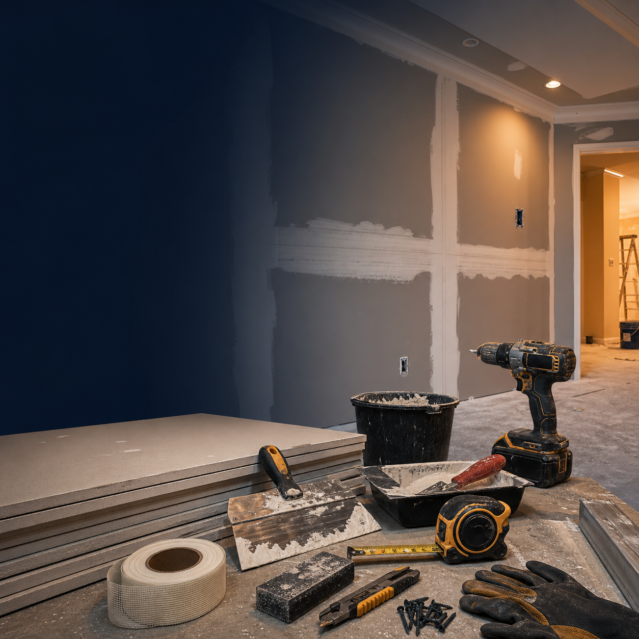 Drywall repair tools and work surface