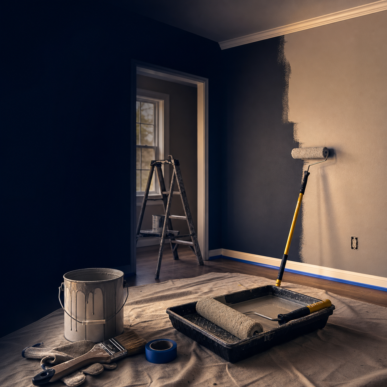 Painting tools and prepared workspace