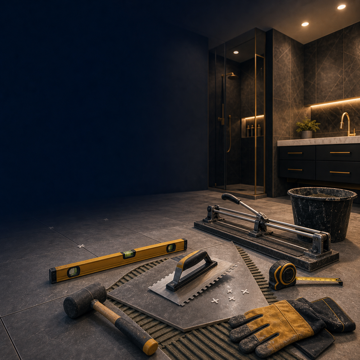 Tile installation tools and bathroom finish